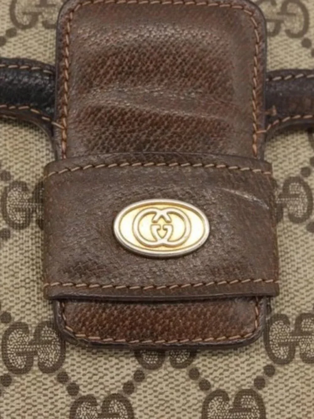GUCCI GG Supreme Horsebit Shoulder Bag PVC Beige Gold 001 16 4084 Auth 175390